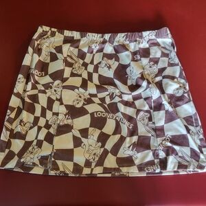 Looney Tunes Skirt Womens Size Large Brown & Cream Checkered Printed Mini Short